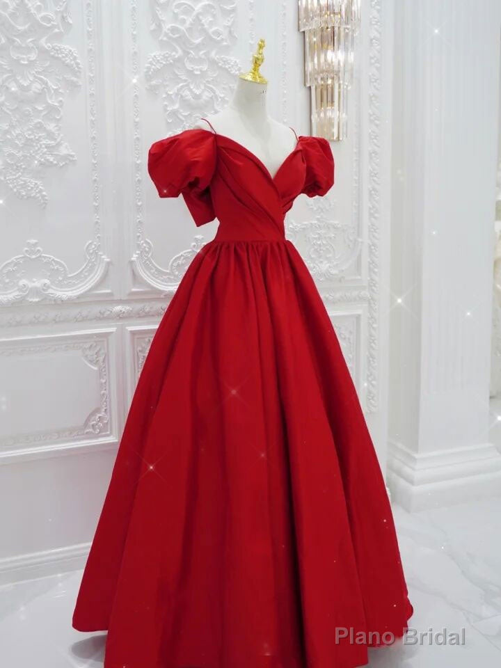 Red V Neck Satin Long Prom Dress, Red Formal Evening Dresses