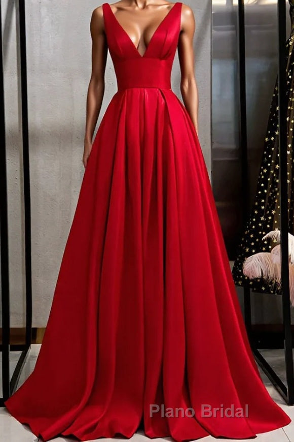 Red v neck satin long Formal Prom dress simple red evening dress