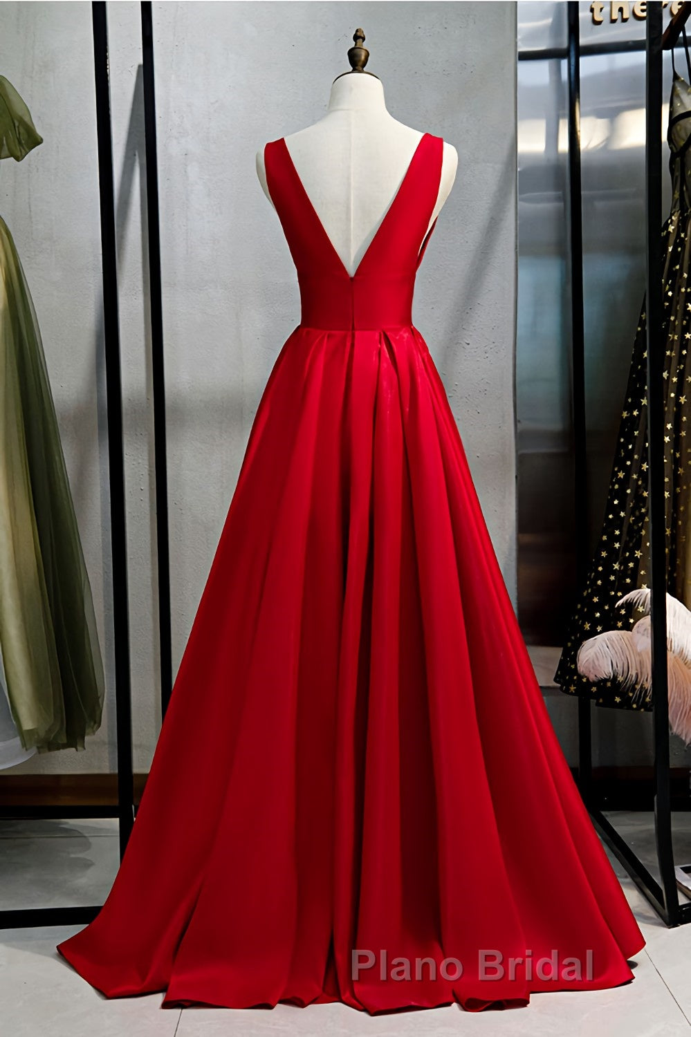 Red v neck satin long Formal Prom dress simple red evening dress