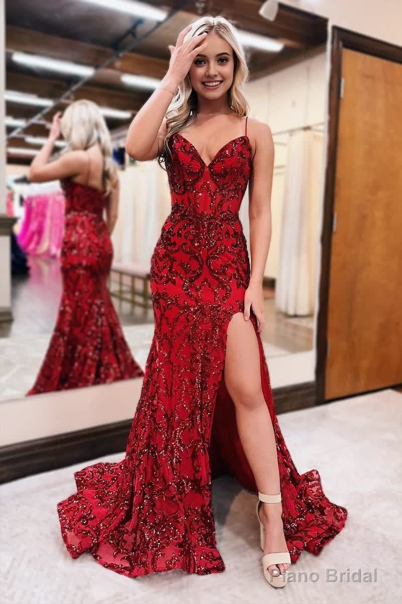 Red V Neck Sequins Lace Mermaid Prom Dresses with Slit Secondary image