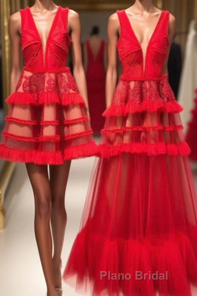 Red v neck tulle long Formal Prom dress, red tulle evening dress