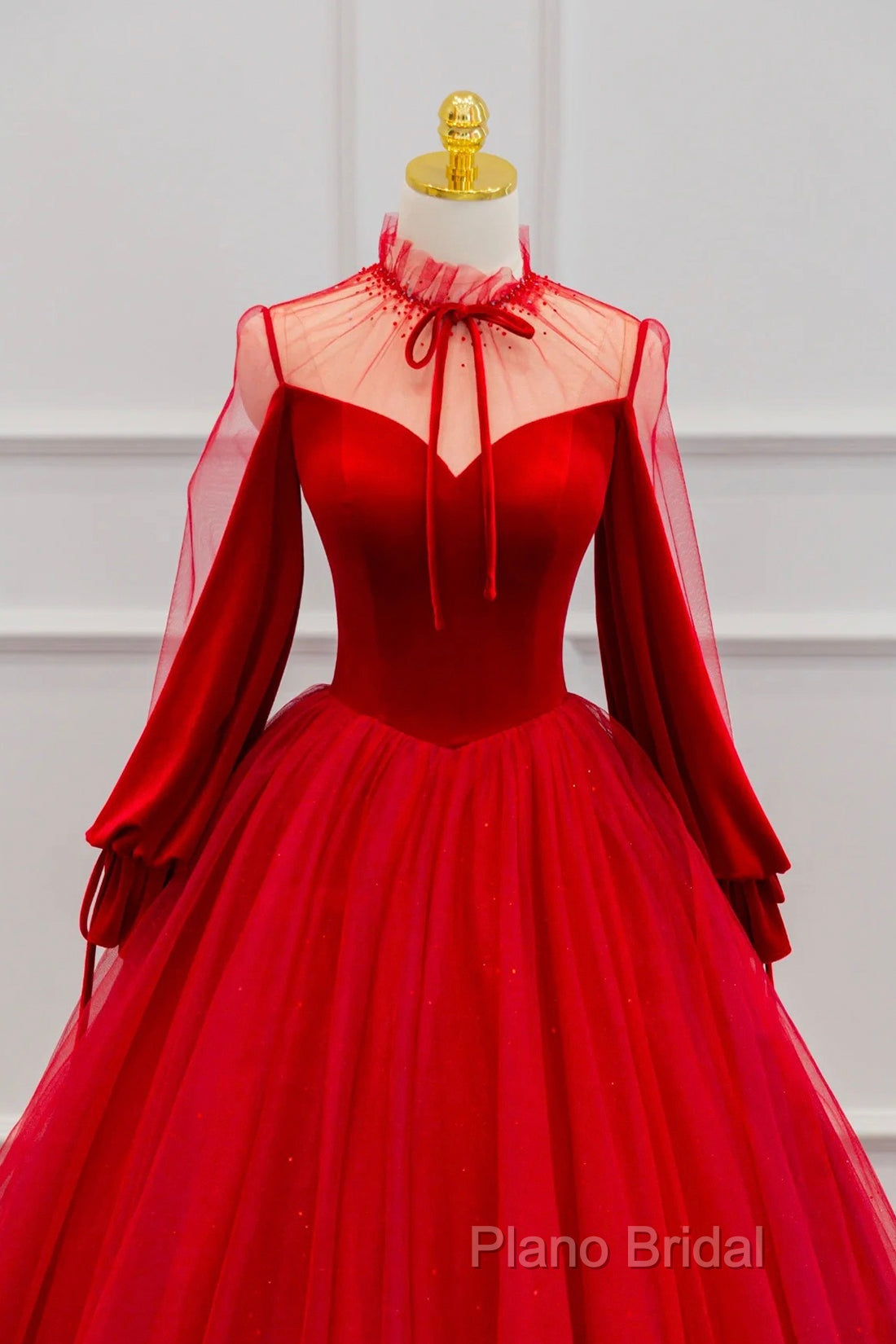 Red Velvet And Tulle Floor Length Formal Prom Dresses, Long Sleeve Beautiful A-Line Party Dresses Secondary image