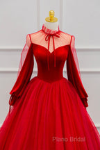 Red Velvet And Tulle Floor Length Formal Prom Dresses, Long Sleeve Beautiful A-Line Party Dresses