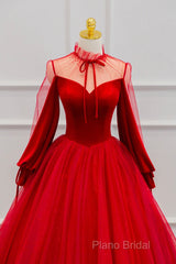 Red Velvet And Tulle Floor Length Formal Prom Dresses, Long Sleeve Beautiful A-Line Party Dresses