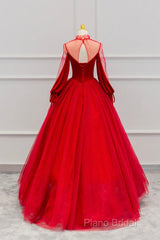 Red Velvet And Tulle Floor Length Formal Prom Dresses, Long Sleeve Beautiful A-Line Party Dresses