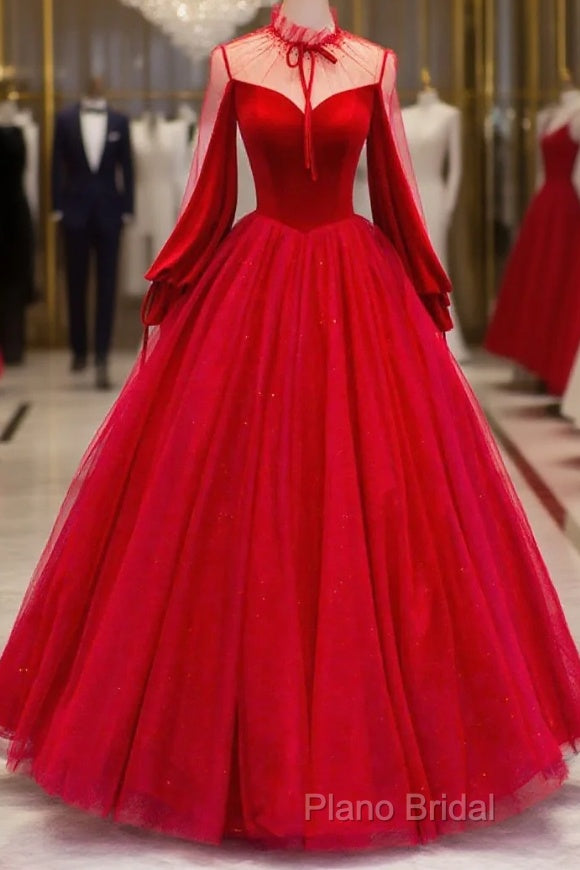 Red Velvet And Tulle Floor Length Formal Prom Dresses, Long Sleeve Beautiful A-Line Party Dresses Main image
