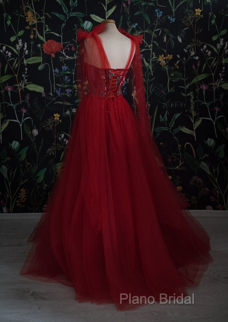 Red Velvet Formal Prom Dresses Tulle Formal Gowns