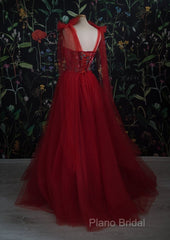 Red Velvet Formal Prom Dresses Tulle Formal Gowns