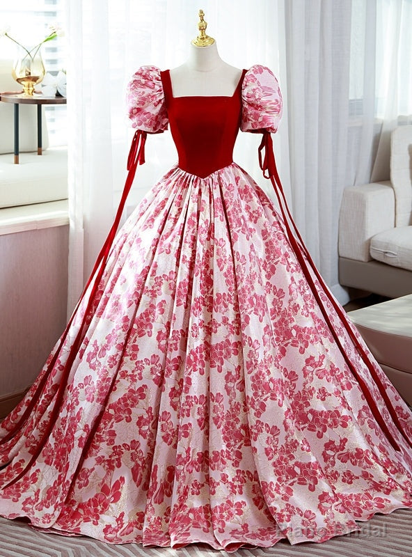 Red Velvet Puff Sleeve Square Quinceanera Dress Main image