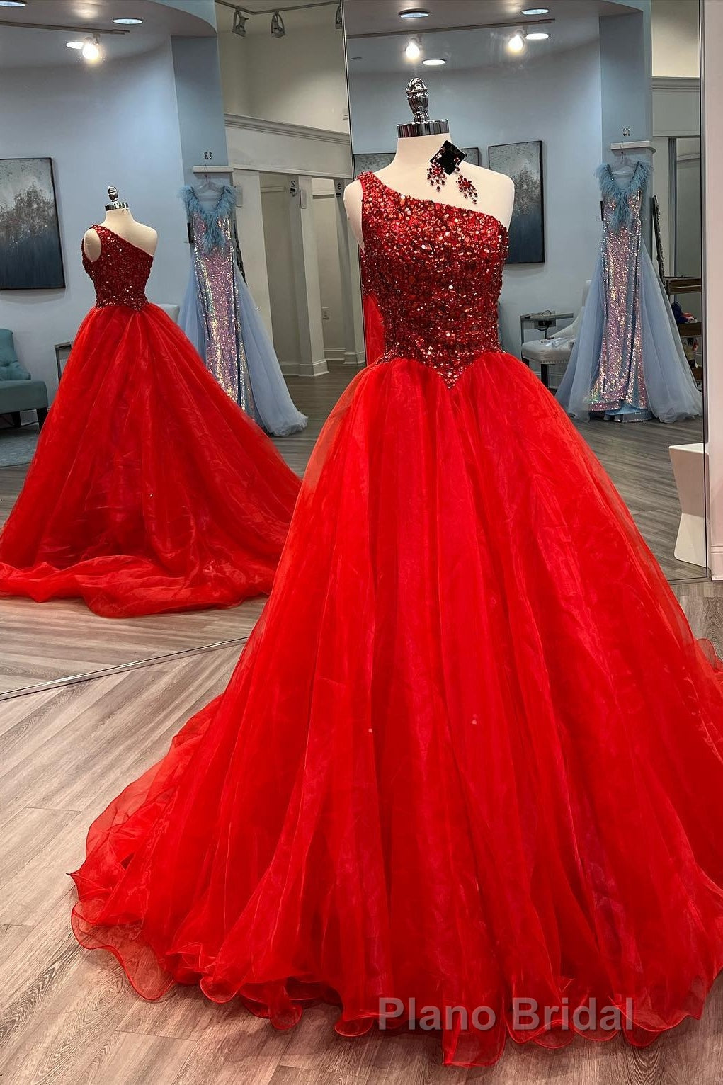 Blue Beaded One-Shoulder A-Line Long Formal Prom Dresses