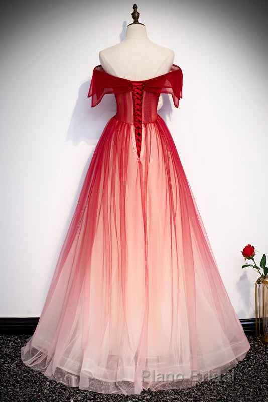 Red Off the Shoulder Long Tulle Formal Prom Dresses with Beading, Party Gown with Sequins Secondary image