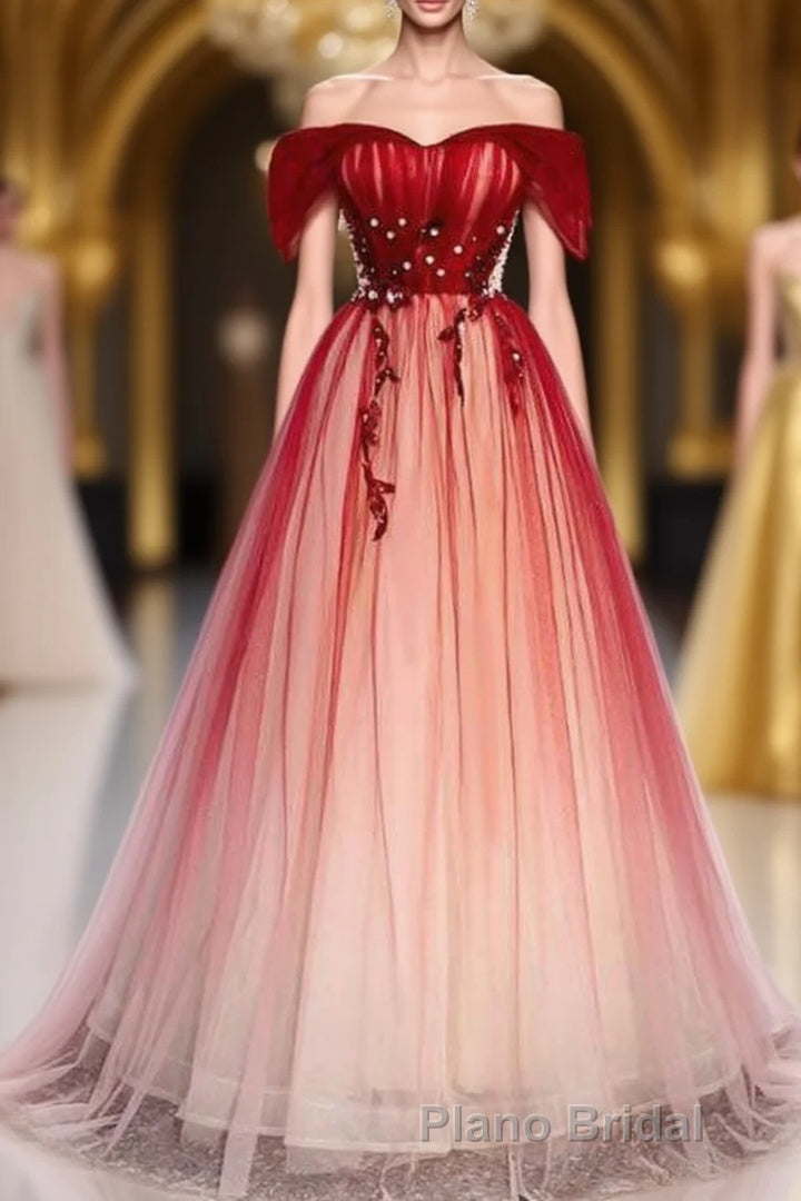 Red Off the Shoulder Long Tulle Formal Prom Dresses with Beading, Party Gown with Sequins Main image