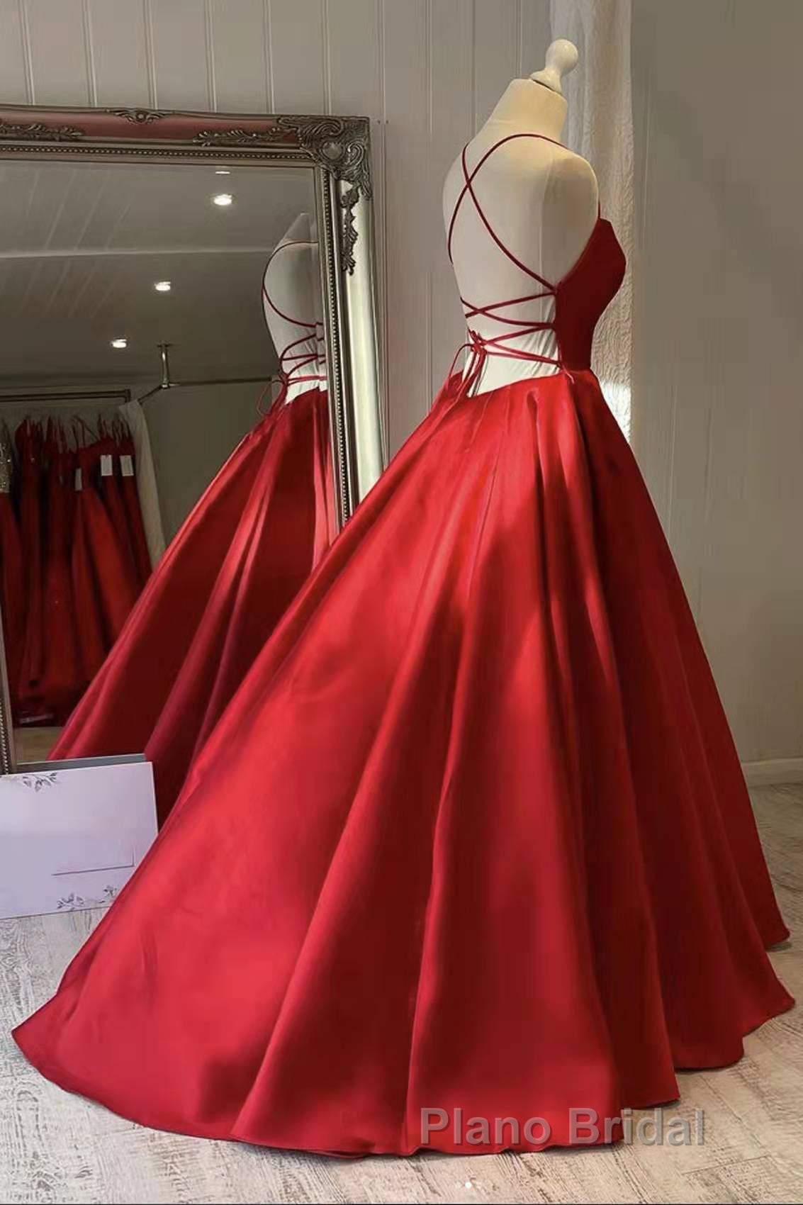 Red Satin Spaghetti Straps Long Formal Prom Dresses, Puffy Princess Formal Gown Secondary image