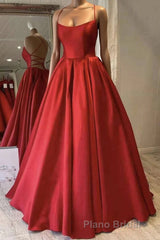Red Satin Spaghetti Straps Long Formal Prom Dresses, Puffy Princess Formal Gown