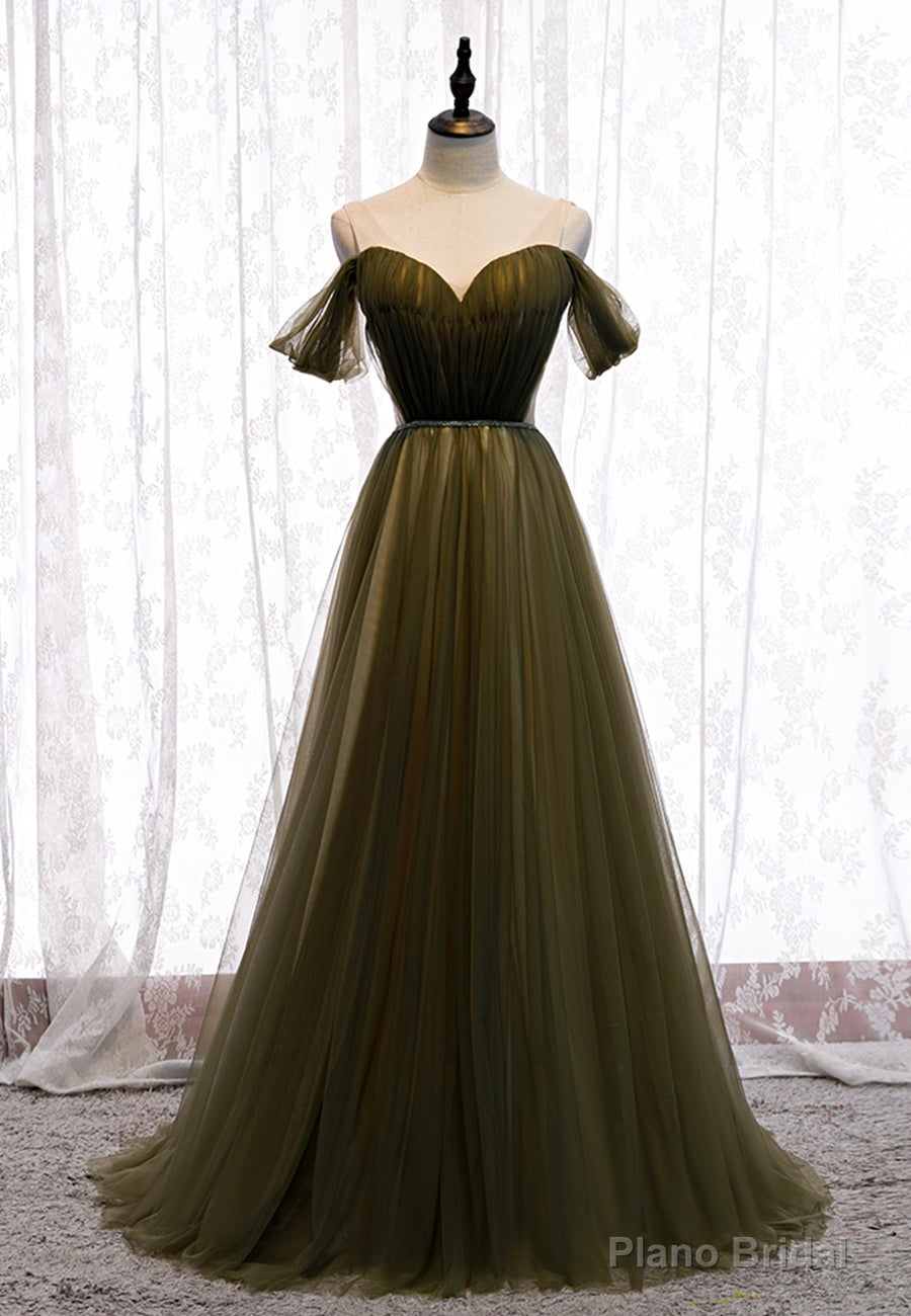 Green Tulle Long A-Line Prom Dresses, Off the Shoulder Evening Dresses Main image