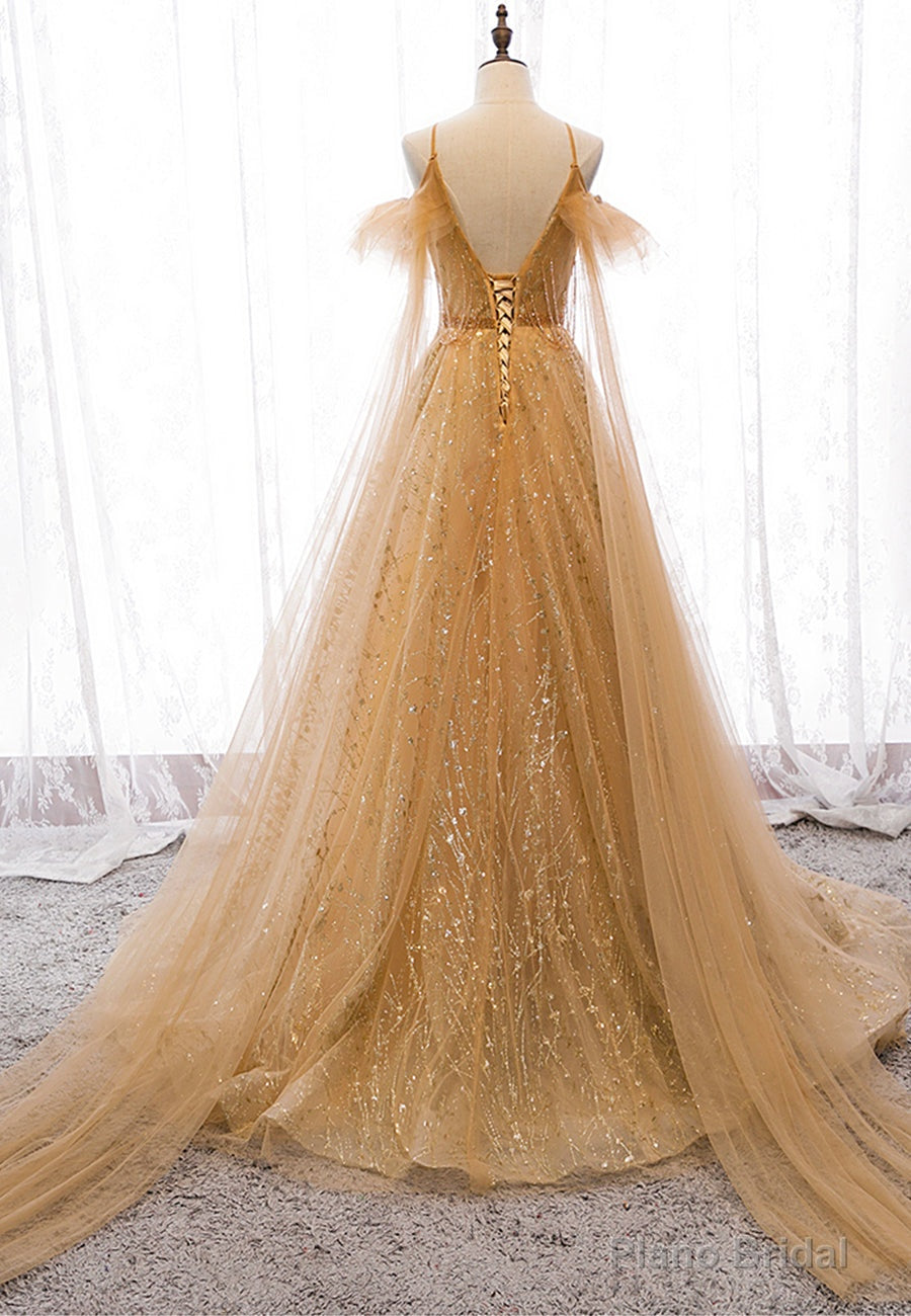 Gold V-Neck Tulle Long Prom Dresses, A-Line Evening Dresses Secondary image