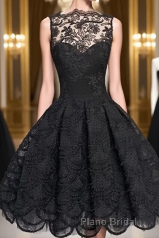Retro A-line Black Lace Sleeveless Open Back Short Formal Prom Dresses, Homecoming Dresses