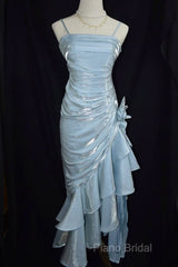 Retro Baby Blue Vintage Floral Dresses Asymmetrical Hem Formal Prom Gown