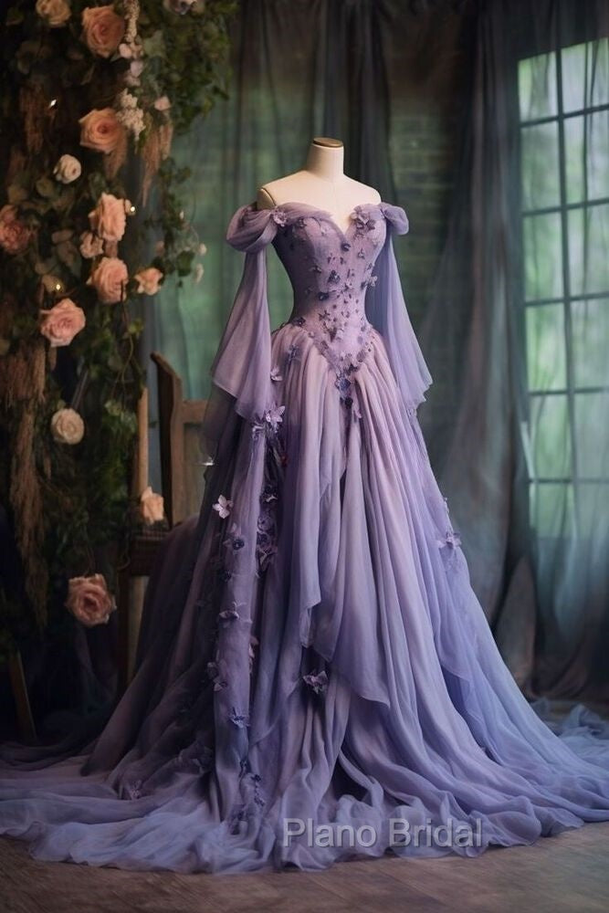 Retro Ball Gown Off The Shoulder Lilac Tulle Flowers Evening Dresses Formal Prom Dresses Secondary image