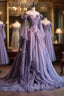Retro Ball Gown Off The Shoulder Lilac Tulle Flowers Evening Dresses Formal Prom Dresses