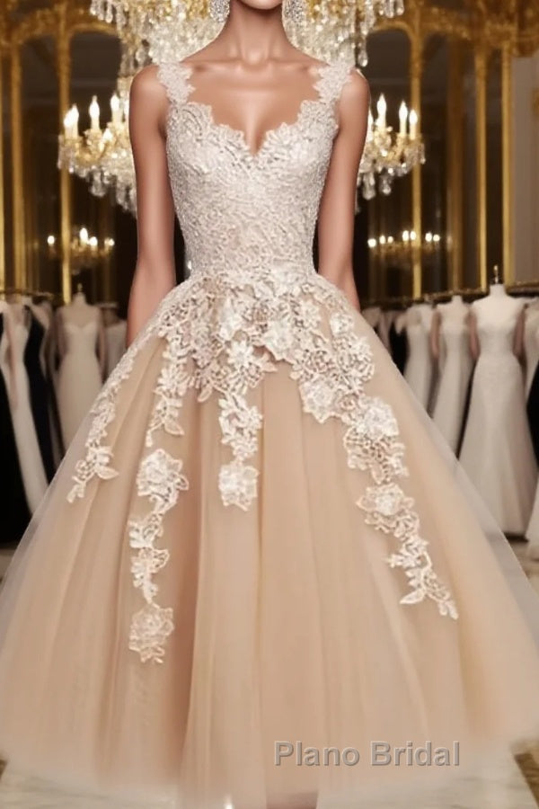 Retro Champagne V-neck Applique Short Formal Prom Dress, Lace Evening Dresses, Party Dresses Main image