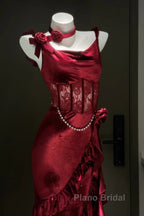 Retro Mermaid Spaghetti Straps Burgundy Lace Formal Prom Dresses Birthday Outfits