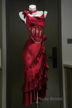 Retro Mermaid Spaghetti Straps Burgundy Lace Formal Prom Dresses Birthday Outfits