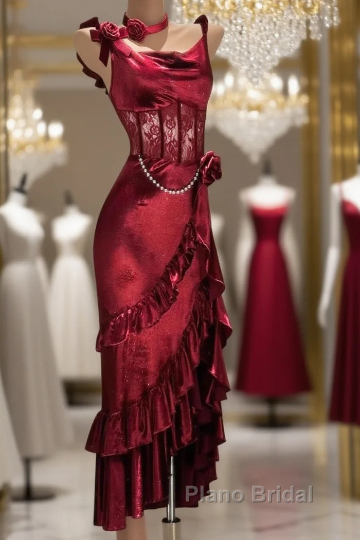 Retro Mermaid Spaghetti Straps Burgundy Lace Formal Prom Dresses Birthday Outfits Main image