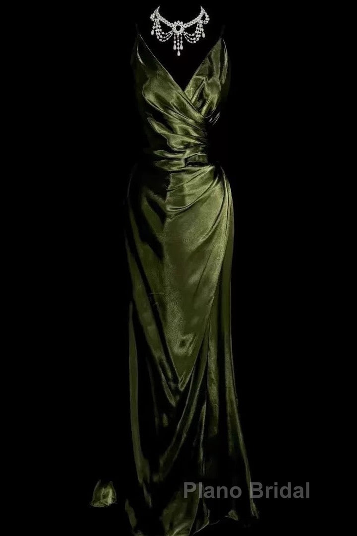 Retro Mermaid Spaghetti Straps Satin Green Long Evening Dresses Formal Prom Dresses