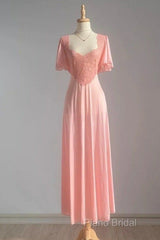 Retro Pink Long Bridesmaid Dresses Lace Formal Prom Dresses