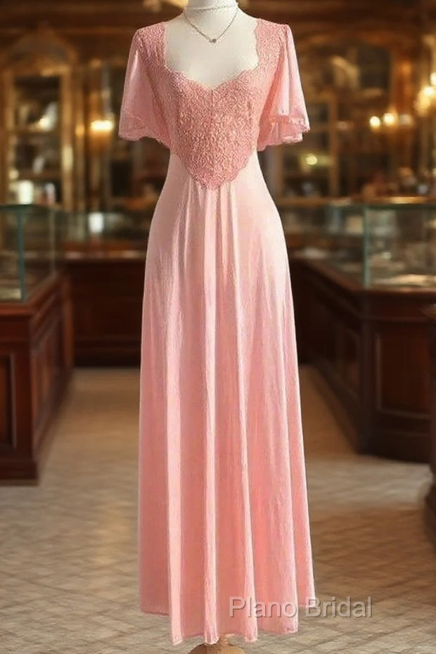 Retro Pink Long Bridesmaid Dresses Lace Formal Prom Dresses