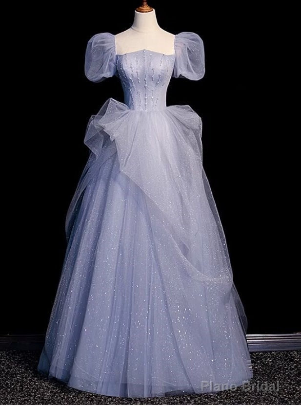 Romance Blue Tulle Sequins Puff Sleeve Beading Prom Dress