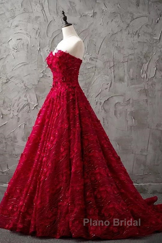 Romantic Burgundy Lace Embroidery Sweetheart Wedding Dresses Princess