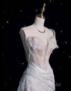 Romantic High Low One Shoulder Lace White Long Wedding Dresses