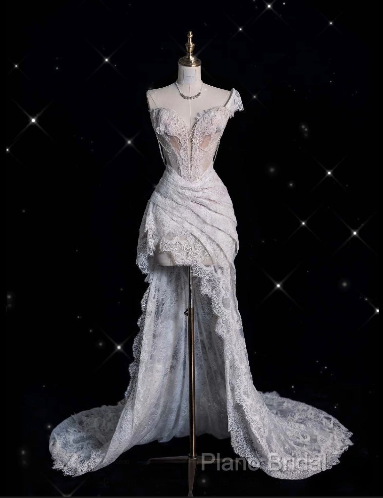 Romantic High Low One Shoulder Lace White Long Wedding Dresses