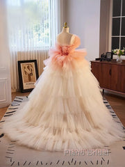 Romantic Pink Tulle Ball Gown Ombre Tiers Formal Prom Dresses