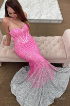 Rose Gold Sparkly Sequins Mermaid Long Prom Dress