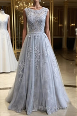 Round Neck Appliques Vintage Tulle Lace Formal Prom Dresses, Bridesmaid Dresses