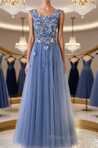 Round Neck Blue Lace Floral Long Formal Prom Dresses, Blue Lace Long Formal Evening Dresses