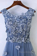 Round Neck Blue Lace Floral Long Formal Prom Dresses, Blue Lace Long Formal Evening Dresses
