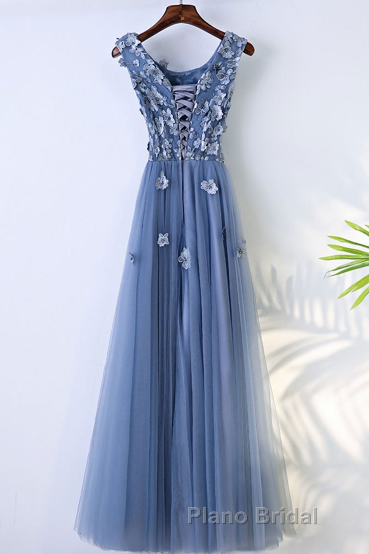 Round Neck Blue Lace Floral Long Formal Prom Dresses, Blue Lace Long Formal Evening Dresses