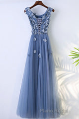 Round Neck Blue Lace Floral Long Formal Prom Dresses, Blue Lace Long Formal Evening Dresses
