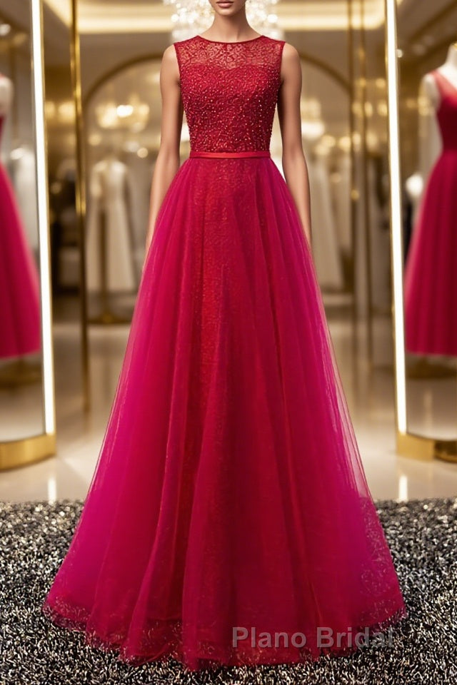 Round Neck Burgundy Beaded Formal Prom Dresses, Wine Red Beaded Formal Evening Bridesmaid Dresses Main image