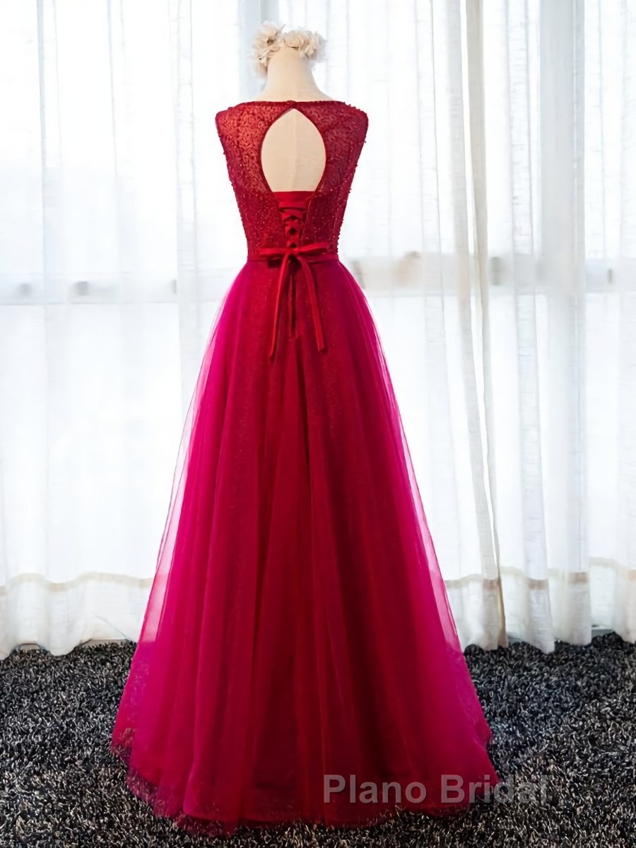 Round Neck Burgundy Beaded Formal Prom Dresses, Wine Red Beaded Formal Evening Bridesmaid Dresses Secondary image