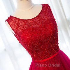 Round Neck Burgundy Beaded Formal Prom Dresses, Wine Red Beaded Formal Evening Bridesmaid Dresses