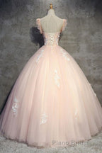 Round Neck Cap Sleeves Lace Pink Long Formal Prom Dress, Pink Lace Formal Dress, Pink Evening Dress, Ball Gown