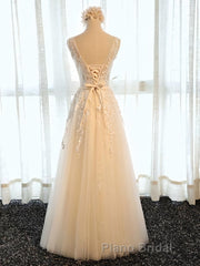 Round Neck Champagne Lace Formal Prom Dresses with Corset Back, Champagne Lace Formal Evening Bridesmaid Dresses