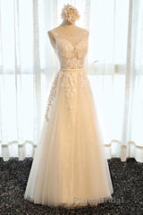 Round Neck Champagne Lace Formal Prom Dresses with Corset Back, Champagne Lace Formal Evening Bridesmaid Dresses