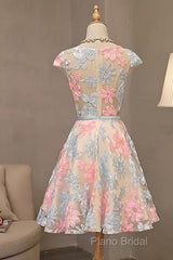 Round Neck Colorful Short Cap Sleeves Lace Formal Prom Dresses, Short Colorful Lace Graduation Homecoming Dresses