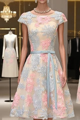 Round Neck Colorful Short Cap Sleeves Lace Formal Prom Dresses, Short Colorful Lace Graduation Homecoming Dresses